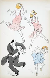 Three illustrations of transvestites in blue and pink dresses dancing with a larger gentleman in white tie and tails, from White Bottoms, pub. 1927